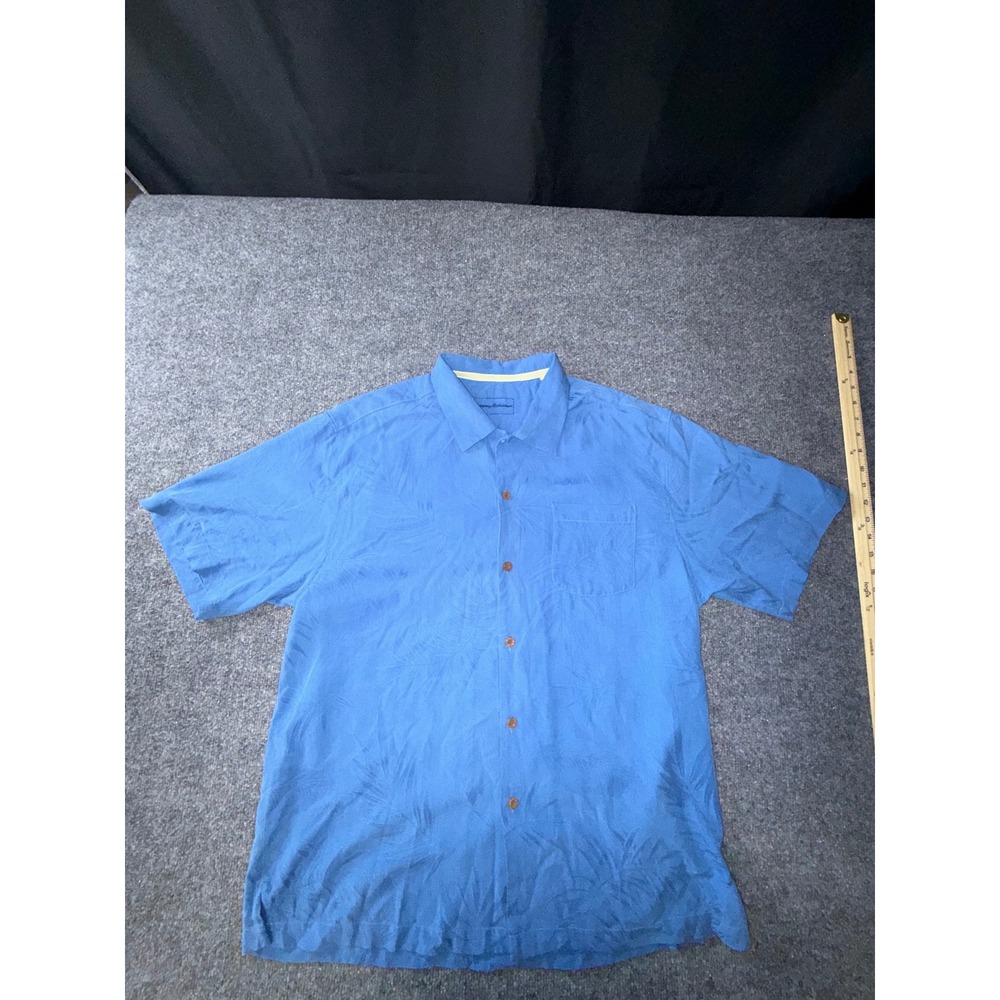 Tommy Bahama Mens Large Blue 100% Silk Palm Leaf Jacquard Short Sleeve Shirt